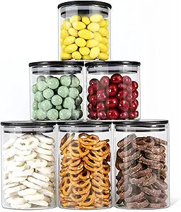 Urban Green Glass Jars with Black Bamboo Lids, Food Storage Containers with Airtight Black Lids, Glass Kitchen Canisters Sets (3 pack of 20oz + 3 pack of 30oz)