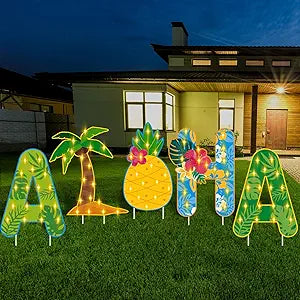 Lineshading 5 Pcs LED Aloha Yard Sign Aloha Surfboard Sign Tropical Summer Lawn Sign Light up Hawaiian Outdoor Decor Plastic Sign with Stakes for Summer Beach Garden Party Decor(Tropical)