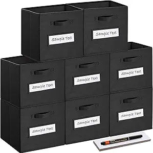 13x13x13 storage cube bins(Set of 8) Fabric storage cubes with 8 Labels Window Cards & a Pen,storage cubes 13x13,storage bin,Collapsible 13 inch cube storage bins,Cubby Organizer Boxes,Black