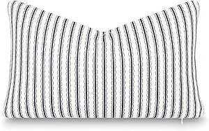 Crumbs Home California Casual Coastal Indoor Outdoor Lumbar Pillow Cover, 12"x20" Water Repellent for Patio, Backyard, Couch, Poolside, Dark Navy Print Wave Stripes