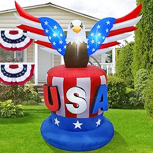 Juegoal Patriotic Independence Day Inflatable, 8FT Height USA Bald Eagle on Uncle Sam Hat, Blow Up 4th of July Large Outdoor American Celebration Decor with Light for Veterans Day Lawn Yard Garden