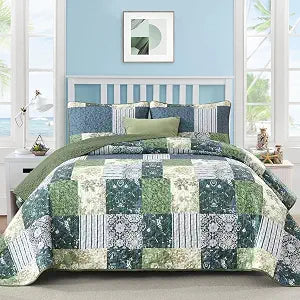 Drucon Green Patchwork King Size Quilt, Summer King Bedspreads Bedding Set, 3 Pieces Lightweight Soft Plaid Coverlet with 2 Pillow Shams for All Season 104x90 Inch