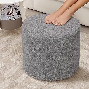 Grey Round Ottoman Foot Rest Stool  Modern Boucle Fabric Footstool with Soft Foam Filling, Lightweight Pouf for Living Room, Bedroom, Home Office  Neutral Grey