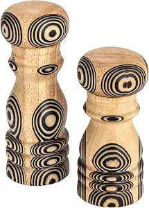 Bloomingville Wood Salt and Pepper Mill Shakers, Decorative Inlaid Circles Design, Natural and Black, Set of 2
