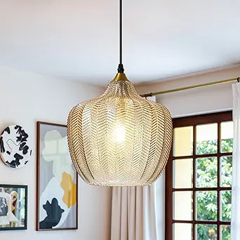 Modern Gold Pendant Light, Amber Glass Farmhouse Kitchen Island Pendant Light Fixture Adjustable Vintage Hanging Ceiling Light for Dining Room Corridor 9.45 inch 1 Pack, UL Certification