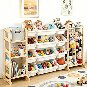 Kids Toy Storage Organizer with Bookshelf & Stuffed Animal Storage,12 Toy Bins +1 Free Storage Box,Playroom Nursery Organization Plush Toy Storage