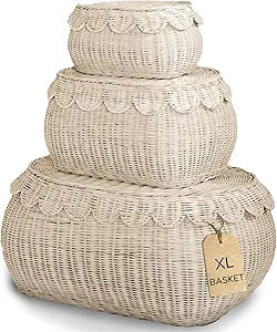 BEBE BASK Large Scalloped Basket Set Of 3 - Hand-Woven & Award-Winning Scallop Basket - XL - Extra Large for Blankets 22 x 16 x 10 In - Elegant Wicker With Scalloped Edge Lid (Natural)