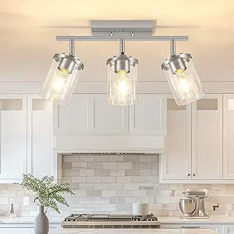 FadimiKoo 3-Lights Kitchen Light Fixtures Ceiling Mount, Brushed Nickel Adjustable Semi Flush Mount Ceiling Light with Clear Glass, Multi-Directional Track Spotlights for Kitchen Hallway Bathroom