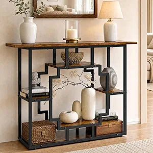 HavenlyYouth 41.3 Inch Entryway Table, Narrow Console Table Behind Couch, Accent Sofa Table with Storage Shelves for Hallway, Entrance, Foyer, Living Room, Rustic Brown