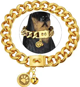 Gold Chain Dog Collar 23mm Cuban Link Dog Collar with Snap Buckle 18K Gold Plated Stainless Steel Metal Dog Chain Collars for Medium Large Dogs Includes Dog tag & Bell(26")