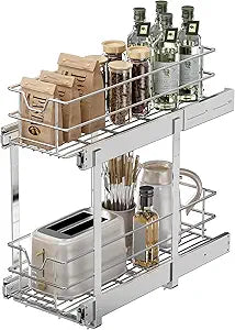 EZKAZA Pull Out Cabinet Organizer for Kitchen Utensil 7.5" W x 21" D, 2-Tier Cabinet Pullout Shelves and Drawer Organizer Slide Out Pantry Storage Basket, Bottom Basket 6.2" W x 20.4" D x 4.7" H