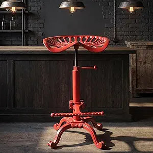 Rustic Industrial Farmhouse Tractor Seat Adjustable Bar Stool Industrial bar Chair (Aged Red, Cast Iron)