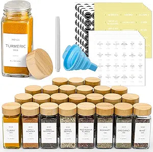 NETANY 36 Pcs Glass Spice Jars with Bamboo Lids, 4 oz Glass Jars with Minimalist Farmhouse Spice Labels Stickers, Collapsible Funnel, Seasoning Storage Bottles for Spice Rack, Cabinet, Drawer