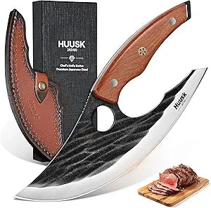 Huusk Japan Ulu Knife with Sheath - Christmas Gift for Men and Women - Hand Forged Caveman Ultimo Knife with Full Tang Wooden Handle - BBQ Knives for Vegetables, Fruit, Pizza - Gifts for Men and Women