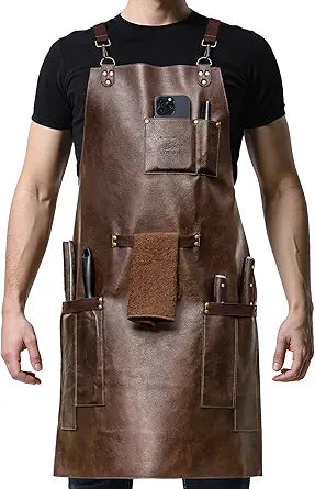 SYOKAMI Synthetic Leather Chef Cooking Apron for Men, Cross Back Apron for All-Day Comfort, Waterproof Apron with Multiple Pockets, Great for Kitchen, Garden, BBQ, Butcher Work or Crafts, Ideal Gift