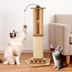 34 Inch Tall Cat Scratching Post for Large Cats, Heavy Duty Natural Sisal Cat Scratcher with Multi Interactive Toys 360 Rotating Feather Toy, Ball Track, Spring Pom for Adult Cats & Kittens