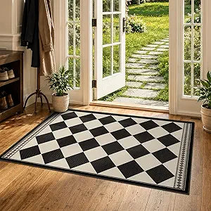 Black and White Diamond Outdoor Easy Jute Front Porch Rug 3x5, Washable Non-Slip Checkered Entryway Rug, Modern Farmhouse Boho Low Pile Indoor Carpet for Living Room, Kitchen, Mudroom, Laundry Room