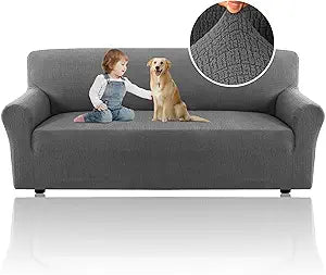 H.VERSAILTEX Jacquard Couch Covers for 3 Cushion Couch 1 Piece Stretch Sofa Covers Furniture Protector Anti-Slip Soft Thickened Dogs Slipcovers Washable Crizzle Pattern(Sofa, Grey)