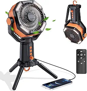 MORIKO Table Fans Tripod, 20000mAh Rechargeable Battery Operated Portable Tent Fan with LED Lantern, Remote Control, Hook, 270┬░ Pivot, Stepless Speed-Ideal for Camping, Picnic, Barbecue, Jobsite