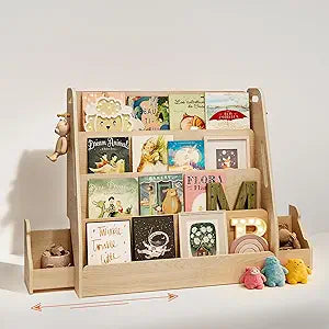 AMBIRD Kids Bookshelf with Drawers & Hooks, 4-Tier Forward-Facing Book Display for Toddlers, Wooden Magazine Rack with Hidden Toy Storage, Montessori-inspired Bookcase for Bedroom, Nursery & Classroom