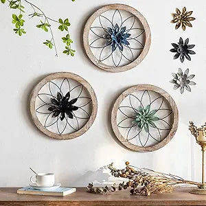 Paquesta 3 Piece Round Farmhouse Wall Decor with 6 Piece Interchangeable Flowers 12'' Medallion Wood & Metal Rustic Wall Art for Living Room Bedroom Kitchen Bathroom Dining Room Home Decorations