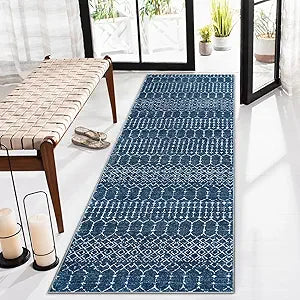 Lahome Moroccan 2x5 Washable Blue Runner Rug, Non-Slip Low-Pile Stain Resistant Kitchen Rugs, Geometric Soft Bathroom Runner Carpet for Entrance Bedroom Laundry Hana, Blue