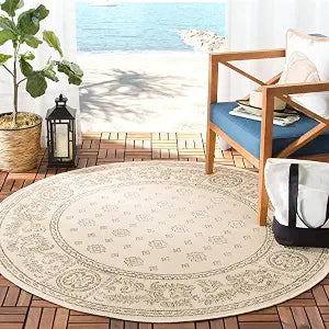 SAFAVIEH Washable Rug Outdoor Courtyard Collection - 5'3" Round, Natural & Brown, Non-Shedding & Easy Cleaning, Ideal for Patio, Backyard, Mudroom (CY1356-3001)