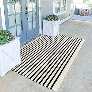 KILOCOCO Beige Striped Rug 4x6 Indoor Outdoor Front Door Rugs Hand Woven Cotton Washable Striped Layered Doormats for Front Porch Kitchen Farmhouse Entryway Patio