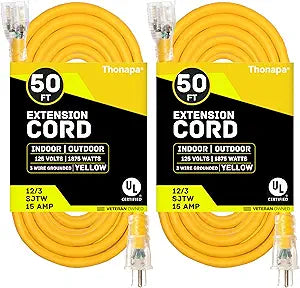 Thonapa 2 Pack Lighted Outdoor Extension Cord 50 ft - 12 Gauge 15 Amp Heavy Duty Power Extension Cords - SJTW - Great for Major Appliances, Power Tools, Garden Supplies - Yellow