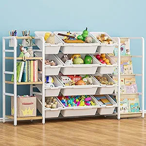 Toy Storage Organizer with 4-Tier Bookshelf, 57" Extra Wide Kids Toy Storage Shelf with 12 Bins, Large Metal Kids Bookcase for Playroom Organization and Nursery Room Decor, White