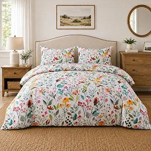 YIYEA Cotton Duvet Cover Queen Size, Floral Printed Bedding Set, Soft Breathable Natural Cotton Comforter Cover with Zipper Closure & Corner Ties, 3 Piece, King