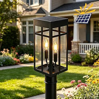 Solar Post Lights, 16" Dusk to Dawn Post Lamp Light, Waterproof Black Exterior Post Lantern Warm White Bulb Included for Garden, Pathway, Driveway, Yard, Farmhouse
