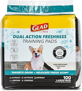 Glad for Pets Dual Action Freshness Activated Carbon Puppy Pads, Fragrance Release, Scented Odor Control, 6-Layer Leak-Proof, Pheromone Attractant, 23 x 23 Inch, 100 Count