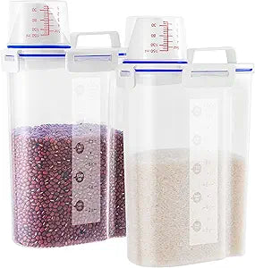 2 Pcs 5.5Lbs Rice Storage Container, Rice Container with Measuring Cup & Pour Spout, Kitchen Plastic Airtight Container for Cereal, Grain, Flour, Sugar, Oatmeal, Dry Pet Dog Food