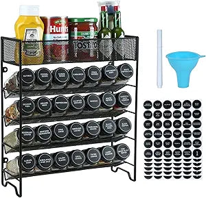 Skiileor Spice Rack Organizer with 28 Spice Jars, Black LidsSpice Labels, Chalk pen and Funnel Set for Cabinet, Countertop, Pantry, Cupboard or Wall Mount