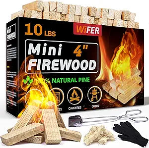 Mini Firewood Sticks with Fire Starters & Tongs, 4 Inch Kiln-Dried Pine Wood, Compatible with Solo Stove Mesa and Mesa XL, Tabletop Fire Pits, BBQ Grills and Pizza Ovens, 10 lb Box