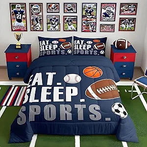 Feelyou Football Comforter Set Twin Size Kids Basketball Baseball Soccer Comforter for Boys Girls Sports Theme Bedding Set Breathable Soft Navy Blue Duvet Quilted Ball Game Room Decor