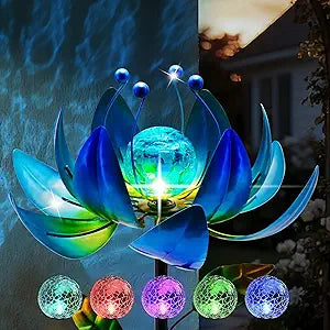 Solar Wind Spinners Outdoor, Blue Lotus Flower Garden Spinner with Cracked Glass Ball & Color-Changing LEDs, 40 Inch Metal Garden Decor for Yard, Patio Backyard Lawn Decorations