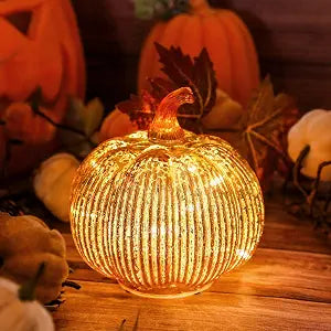 Gold Mercury Glass Pumpkin Light with 2 Lighting Modes and 6-Hour Timer, 5.5 x 6 Inch Battery Operated Fall Decor for Thanksgiving and Christmas Table Centerpiece