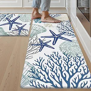 SHACOS Coastal Kitchen Rugs Set of 2, Summer Anti-Fatigue Kitchen Mats, White Cushioned Mats with Sea Themed Blue Starfish Shell Coral Tropical Fish 17x27.5+17x47 inch