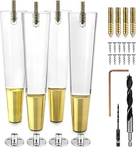 Acrylic Furniture Legs With Gold Caps - Mid Century Legs For Couch, Sofa, Chair, Table, Dresser, Bed, Cabinet - Furniture Feet Are Easy To Install & Include Installation Hardware - Set of 4, 8 Inches
