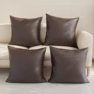 Encasa XO Faux Leather Throw Pillows Covers 20"x20" (Set of 4) | Dark Brown Decorative Cushion Covers | Modern Farmhouse Pillow Cases for Outdoor, Living Room, Bedroom, Couch, Sofa