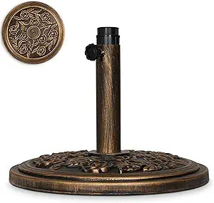 Backyard Expressions 20 lb Patio Umbrella Base Stand, Decorative Rose Medallion Antique Bronze Finish, Fits 1.51.9 in Poles w/Adapters, 18 in Round Weighted Outdoor Umbrella Holder for Deck & Table