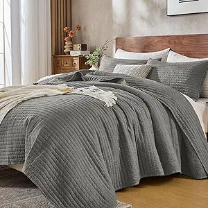 DOWN HOME Queen Quilt Bedding Set with Shams, Vintage Washed Soft Quilted Blanket Thin Comforter Lightweight Bedspread Coverlet Bed Cover, Brushed Microfiber Stripe Stitching, Ash Gray, 86"x90"