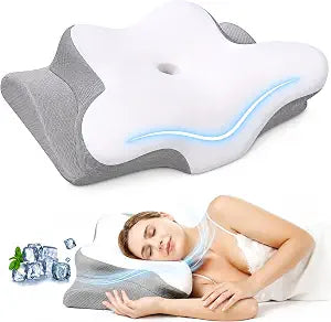 Cervical Neck Pillow for Pain Relief, Memory Foam Contoured Orthopedic Pillow for Sleeping, Dual Height 5.5/3.7 Neck Shoulder Arm Support  Ergonomic Cooling Pillow Side Back Stomach Sleepers