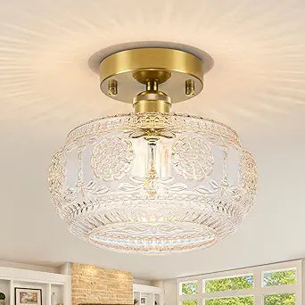 Semi Flush Mount Ceiling Light Fixture - Brass & Floral Glass Shade, Vintage Modern Lighting for Entryway, Bathroom, Kitchen, Bedroom (Bulb Not Included)