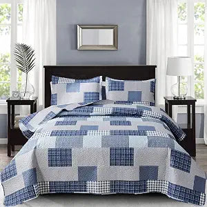CHESITY Plaid Quilt Set Full/Queen Size Quilt 3-Piece Navy Blue Plaid Bedding Sets Reversible Lightweight Stripe Bedspread Grid Bedding Coverlet Patchwork Soft Quilt for Bed (90" x 90")