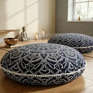 Codi Meditation Cushion for Adults Set of 2-32" Large Floor Pillow with Supportive Shredded Memory Foam - Round Zabuton with Washable Cover, Bohemian Mandala Seating for Yoga and Mindfulness, Black