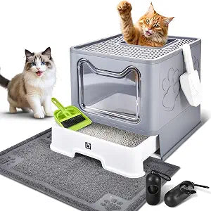 Covered Cat Litter Box with Litter Mat, Foldable Extra Large Dual Entry Adjustable Door, Drawer Design Enclosed Kitty Litter Box, Odor Control Anti-Splashing Easy Cleaning (Medium Grey)