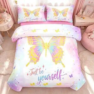 Colorful Butterfly Floral Comforter Set for Girls, 5Pcs Twin Cute Pink Bedding Set, Kawaii Flower Print All Season Quilt for Girls Teen Bedroom
